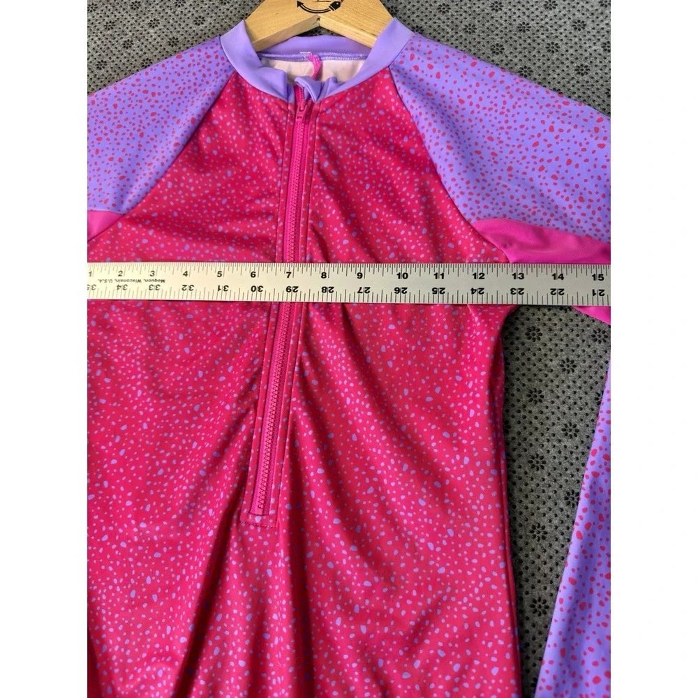 Nike Girls Long Sleeve One-Piece Swimsuit Pink Purple Water Dots Size L (14/16) - Picture 3 of 11